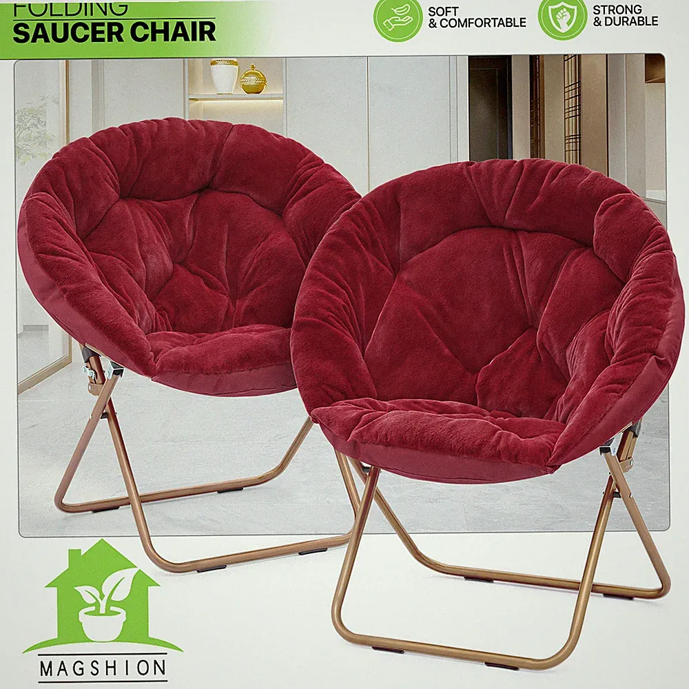 2-Pieces Foldable Lazy Saucer Lounge Moon Chair Red Soft Faux Fur Oversized Seat
