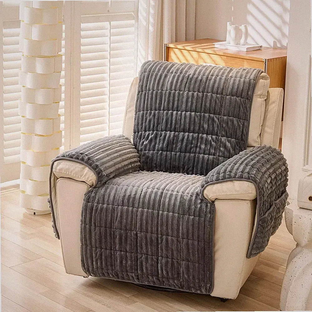 23-Inch Quilted Recliner Cover, Dark Gray Rabbit Fur Lazy Boy Chair Protector...