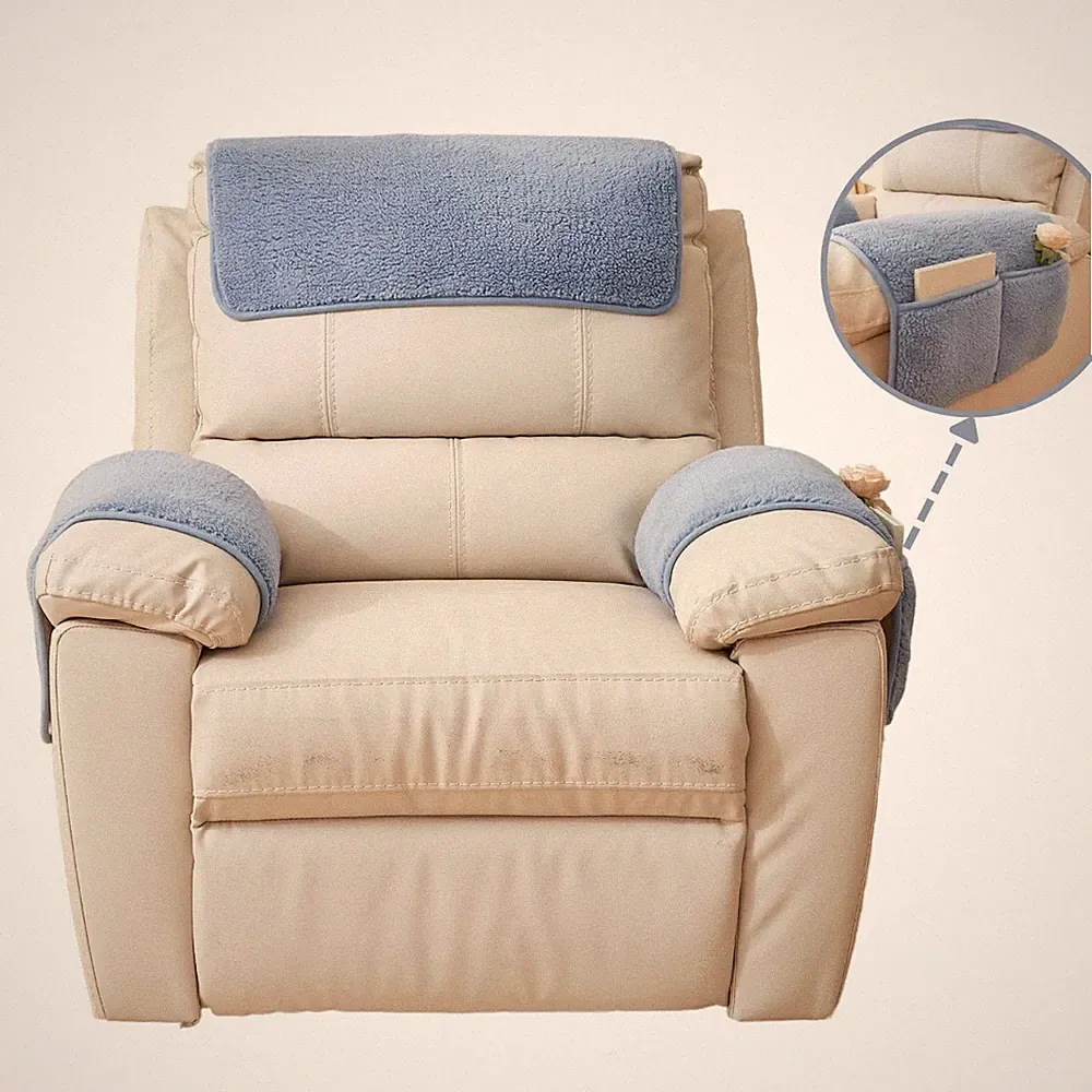 3 Pieces Sherpa Fleece Sofa Armrest Cover for Recliner Chair with Storage Poc...
