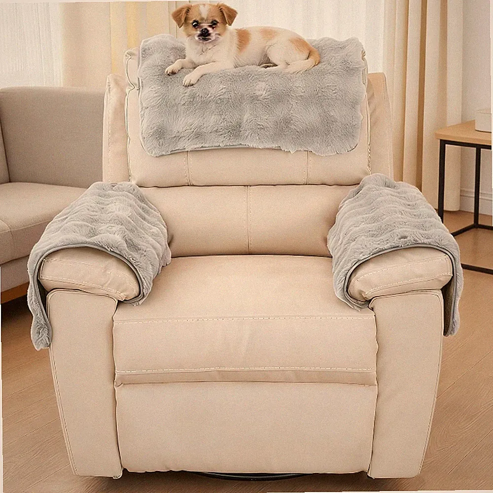 3pcs Faux Fur Sofa Armrest Cover Non Slip Fluffy Recliner Chair Cover Sofa Cover