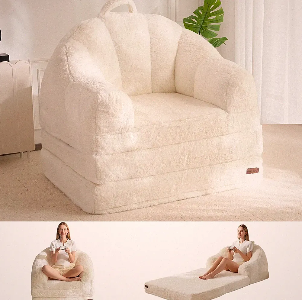 Beige 2-in-1 Folding Sofa Bed & Lounger - Cozy Faux Fur Couch for Adults