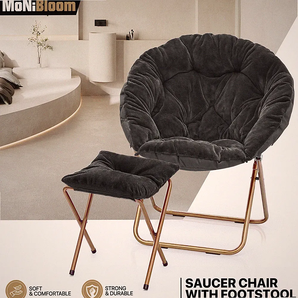 Black Saucer Faux Fur Folding Lounge Chair Oversized Moon Chair w/Footrest Stool