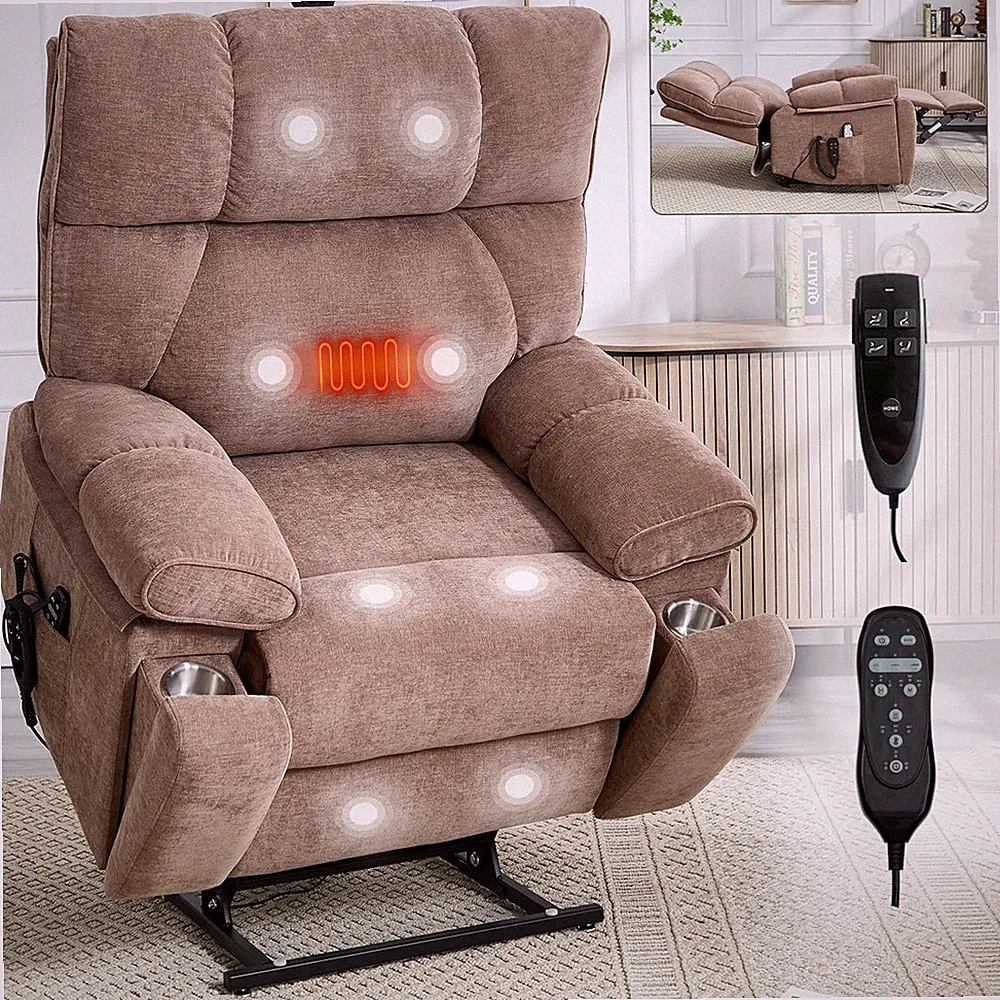 Chenille Power Lift Recliner with Heat Massage & Hidden Cup Holders