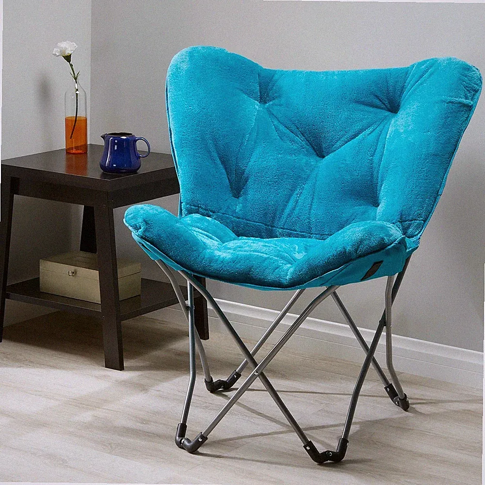Comfortable Folding Faux Fur Butterfly Lounge Chair, Teal - Blue - NEW