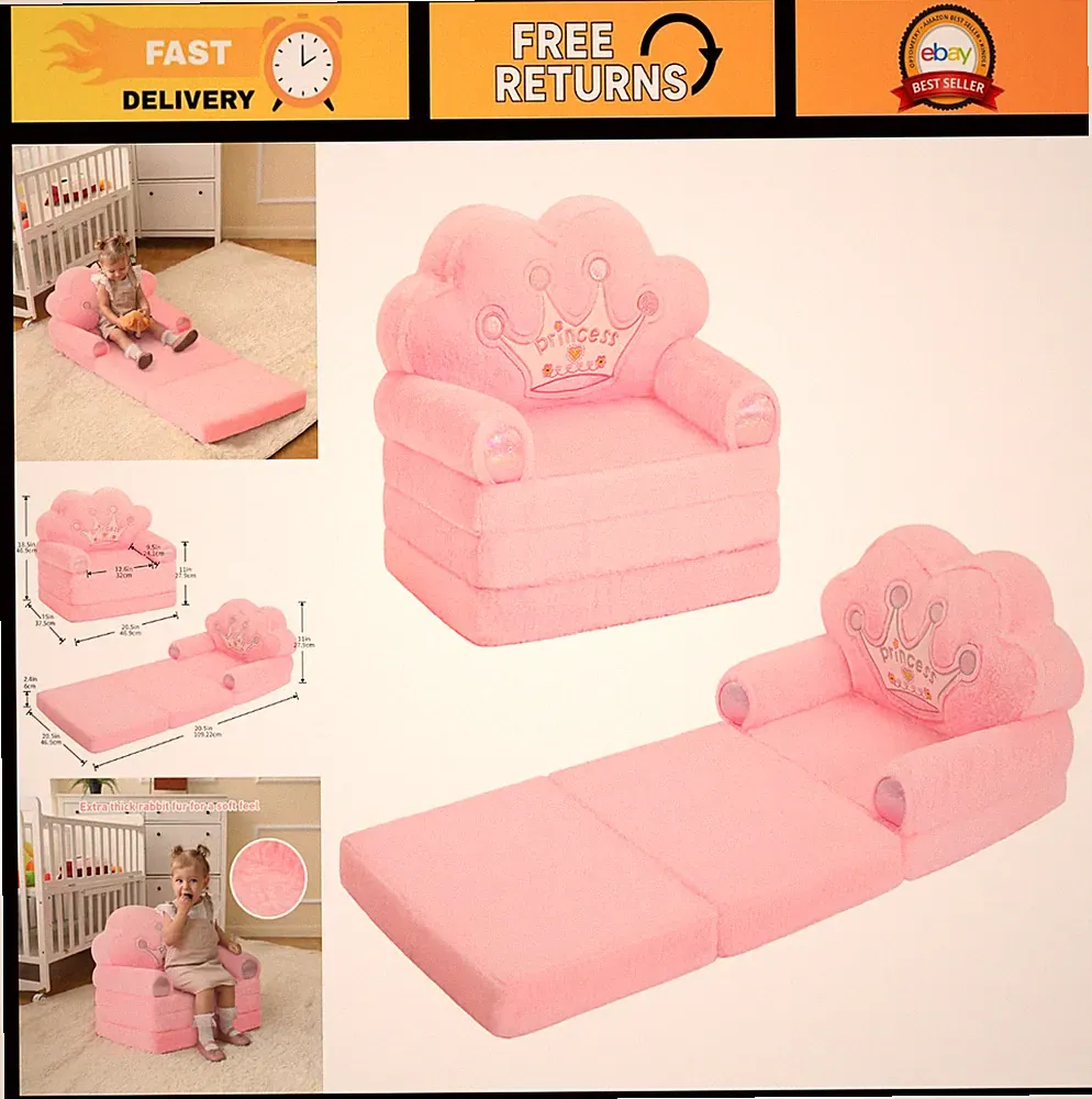 Comfy Foldable Princess Couch for Girls, Toddler Recliner Chair, Kids Furniture