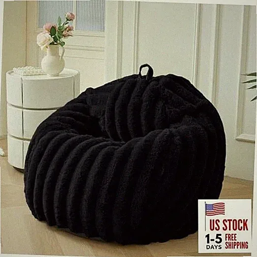 Fluffy Faux Rabbit Fur Bean Bag Chair Cover(No Large(38"x38"x40") Black