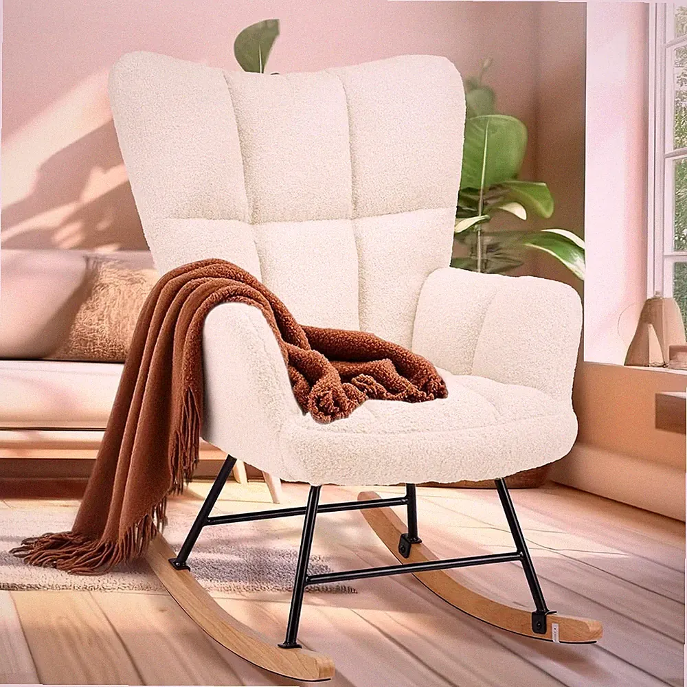 Fluffy Rocking Recliner Chair - Cozy Beige Reading Comfort in Bedroom