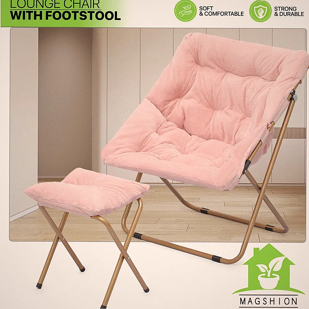 Folding Faux Fur Moon Saucer Chair Home Metal Frame Pink Lounge Chair w/Ottoman