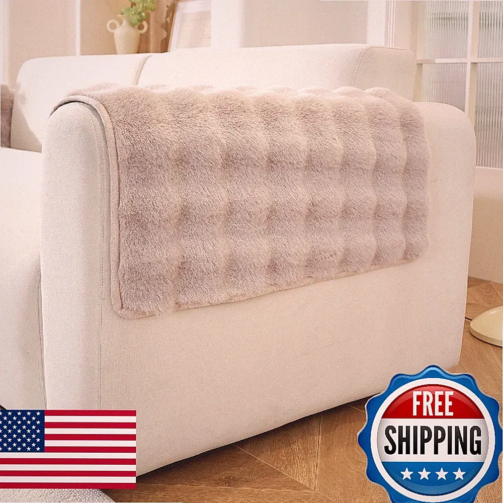 Hittun Non-Slip Couch Arm Covers Set Waterproof Washable Faux Fur Sofa Armrest C