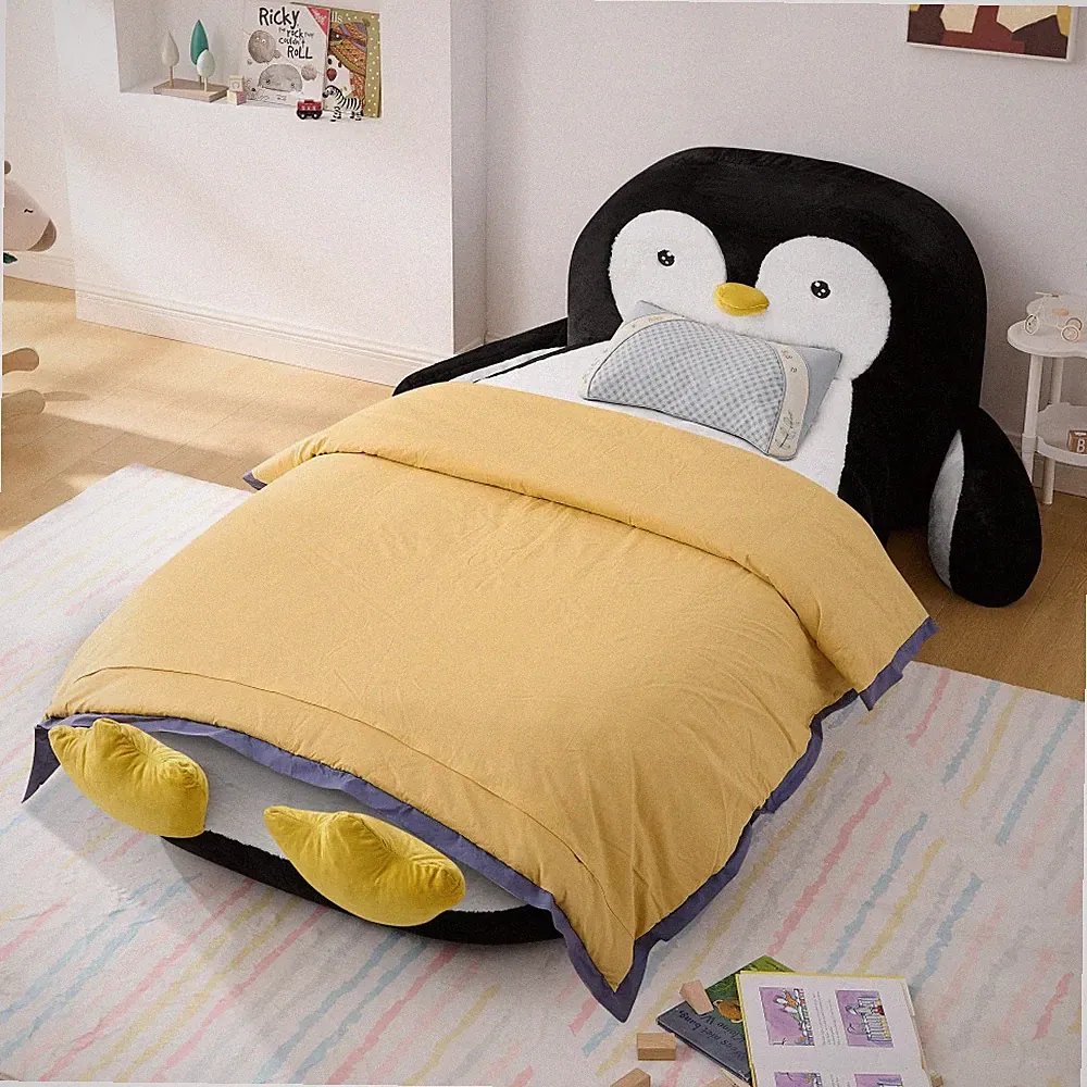 Kids Twin Size Penguin Lounger Chair - Waterproof Faux Fur Soft Sponge Cushion