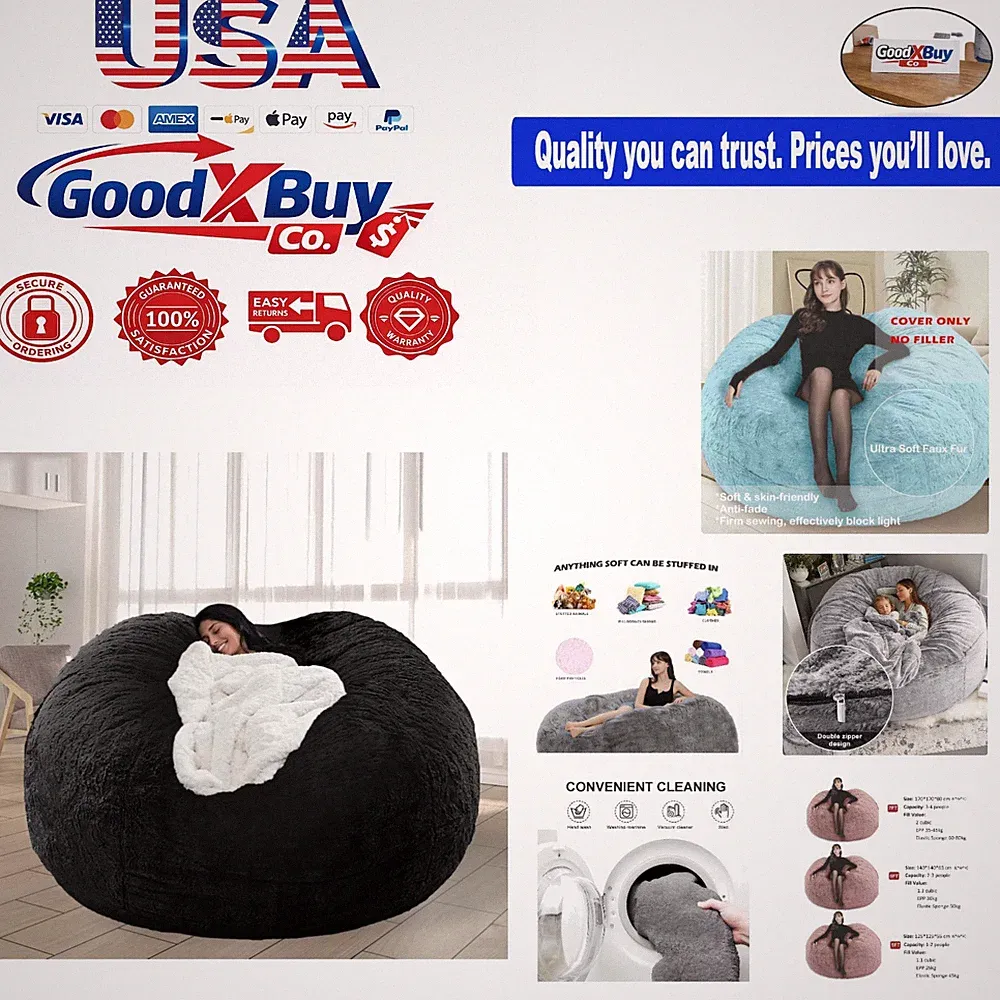Large Faux Fur Bean Bag Chair 3.5FT for Adults Kids Indoor Lounge Soft Comfy...