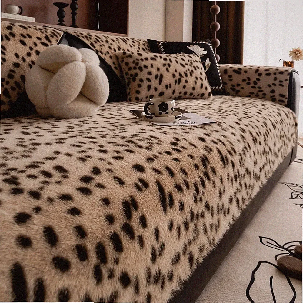 Leopard Print Mink Velvet Sofa Cover Fur Soft Comfy Sectional Couch Cover Fuz...