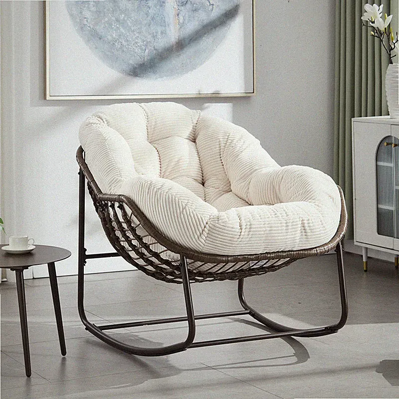 Outdoor Rattan Rocking Chair,Velvet Padded Cushion Rocker Recliner Chair WHITE