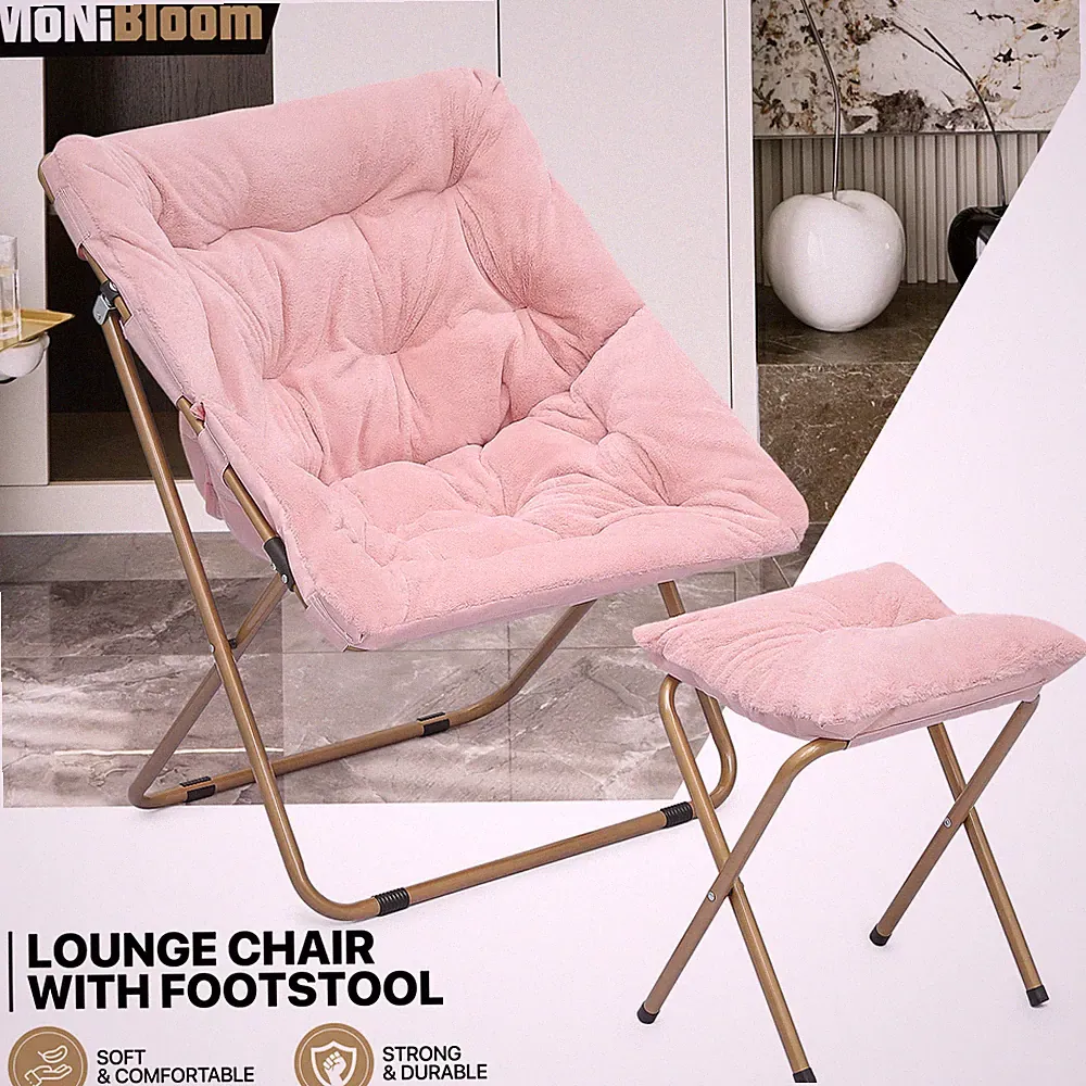Pink Folding Faux Fur Moon Saucer Chair Home Metal Frame Lounge Chair w/Ottoman
